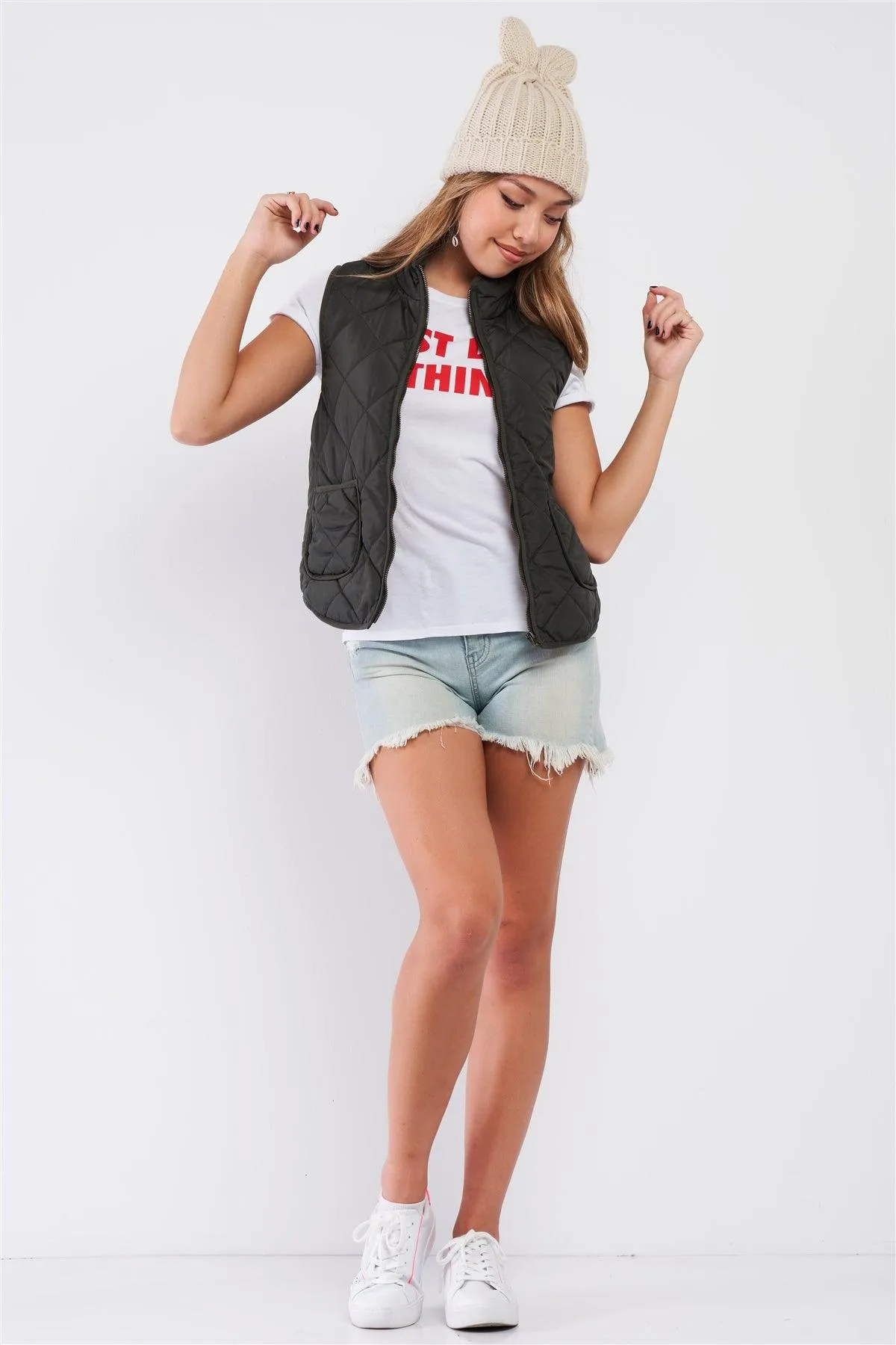 Olive Quilted Puff Two Pockets Zip-Up Turtleneck Vest