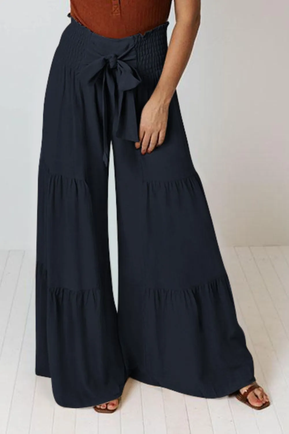 Pants - Tie Front Smocked Tiered Culottes