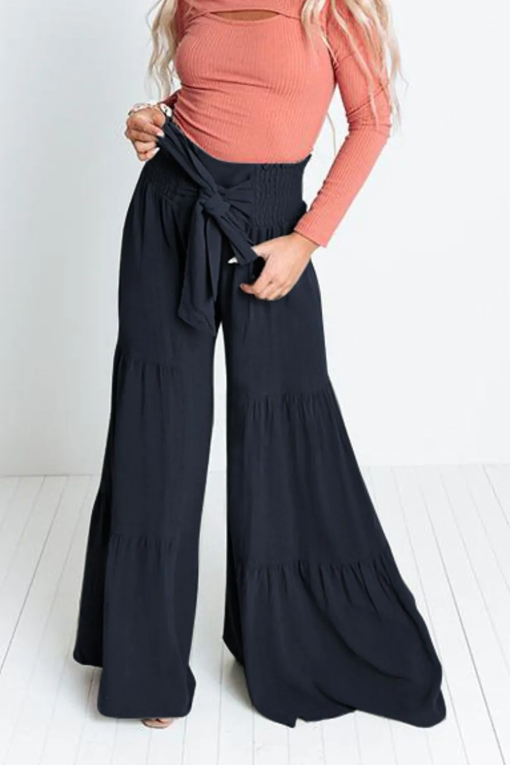 Pants - Tie Front Smocked Tiered Culottes
