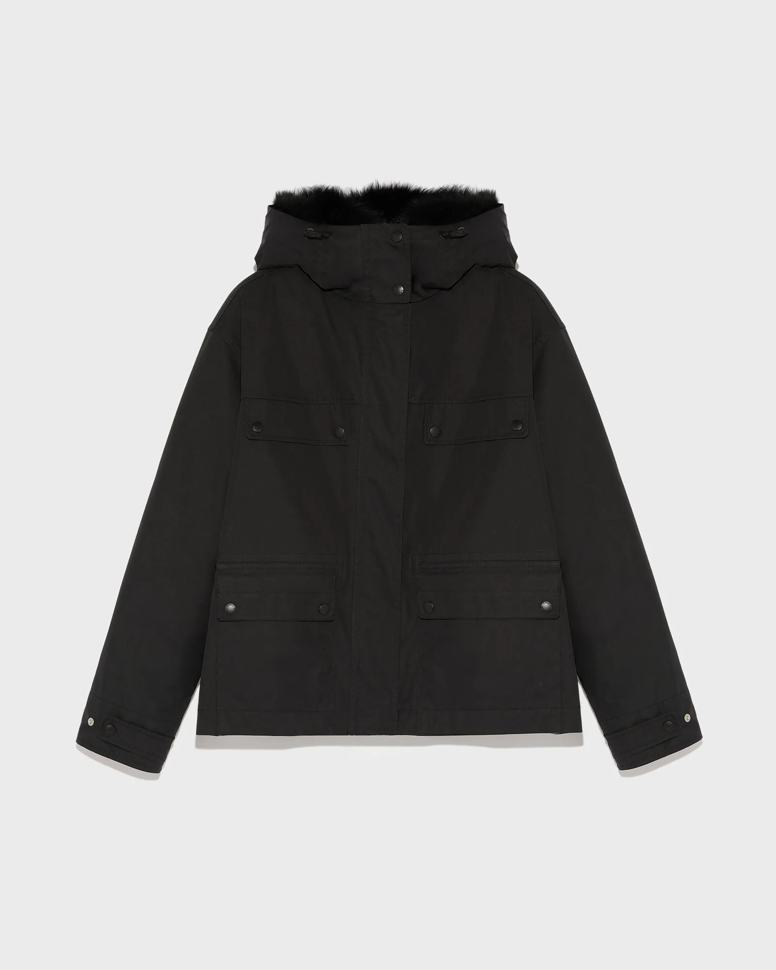 Parka courte en coton mélangé et fourrure