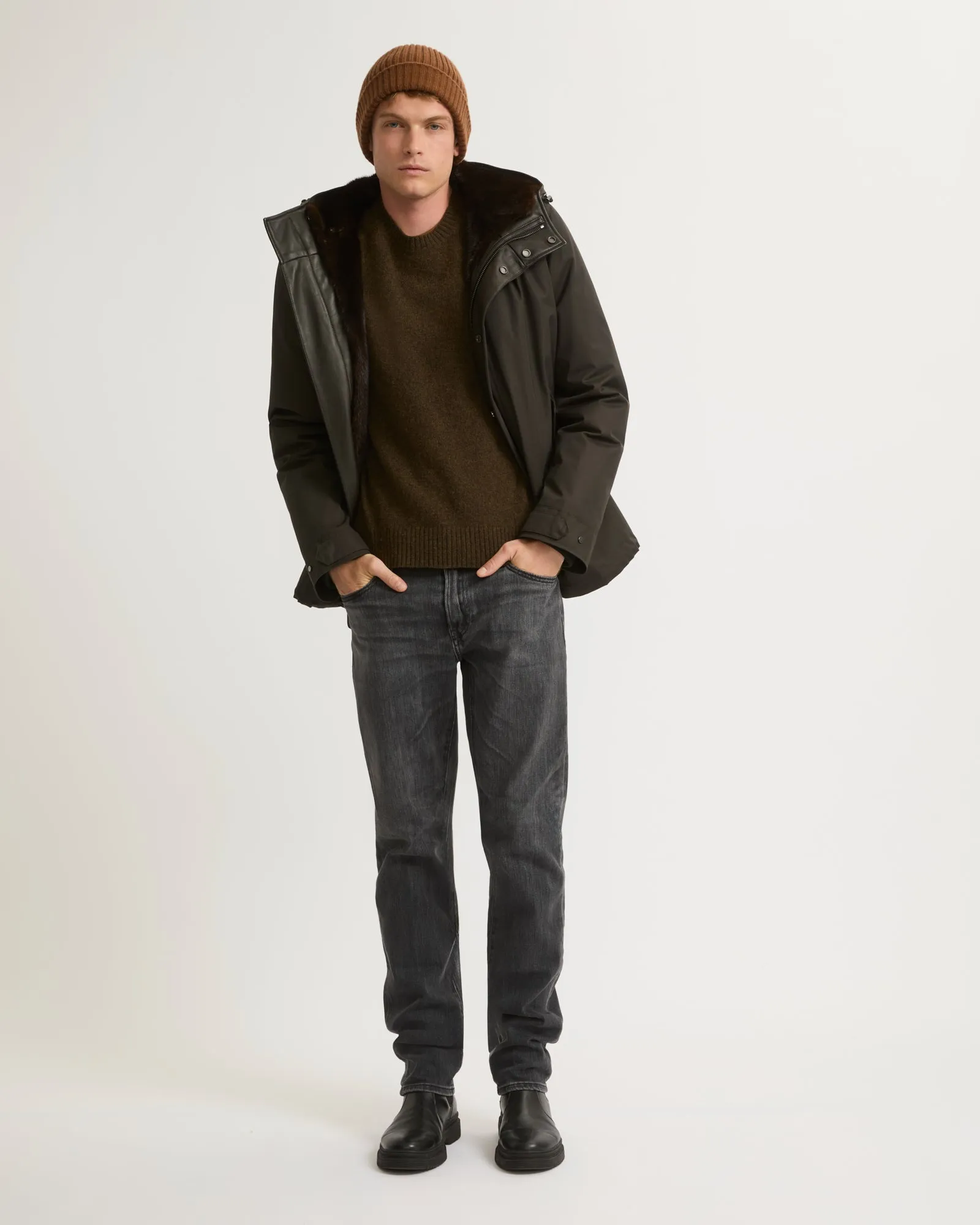 Parka fittée en gabardine technique et vison