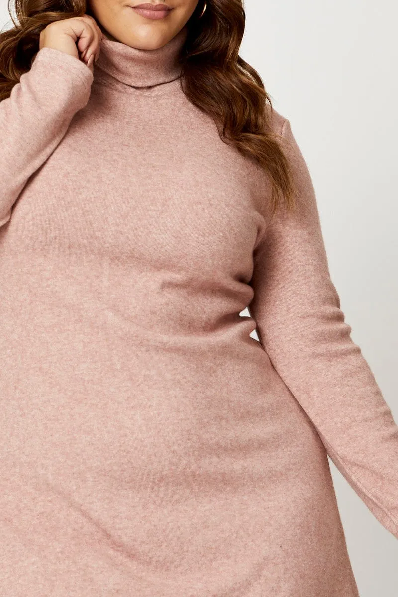 Pink Fleece Dress High Neck Long Sleeve