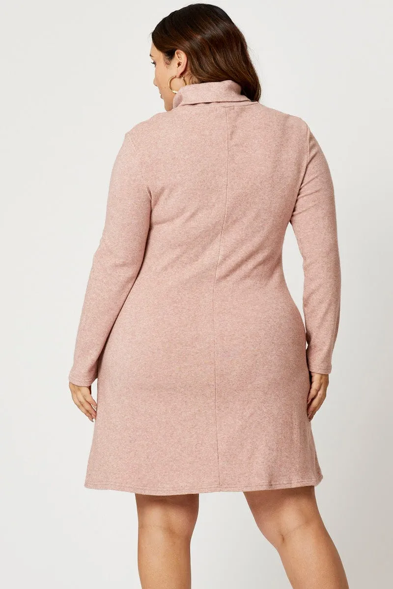 Pink Fleece Dress High Neck Long Sleeve