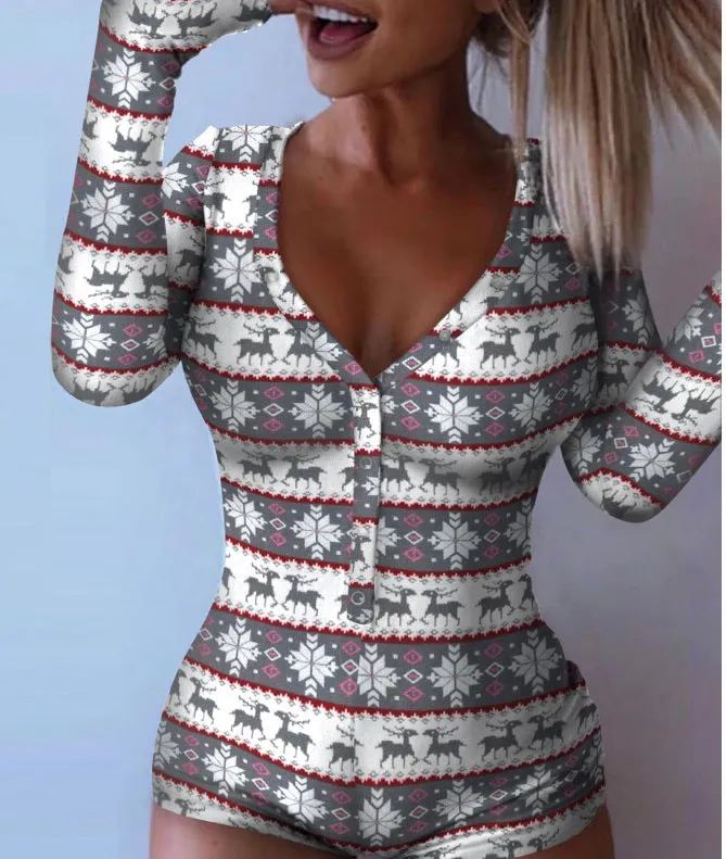 Plain Long Sleeve Button Design Romper Bodysuit