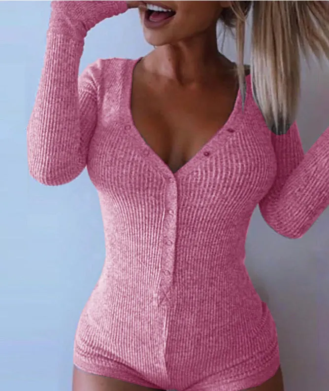 Plain Long Sleeve Button Design Romper Bodysuit