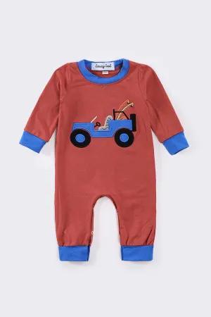 Red truck fishing boy romper