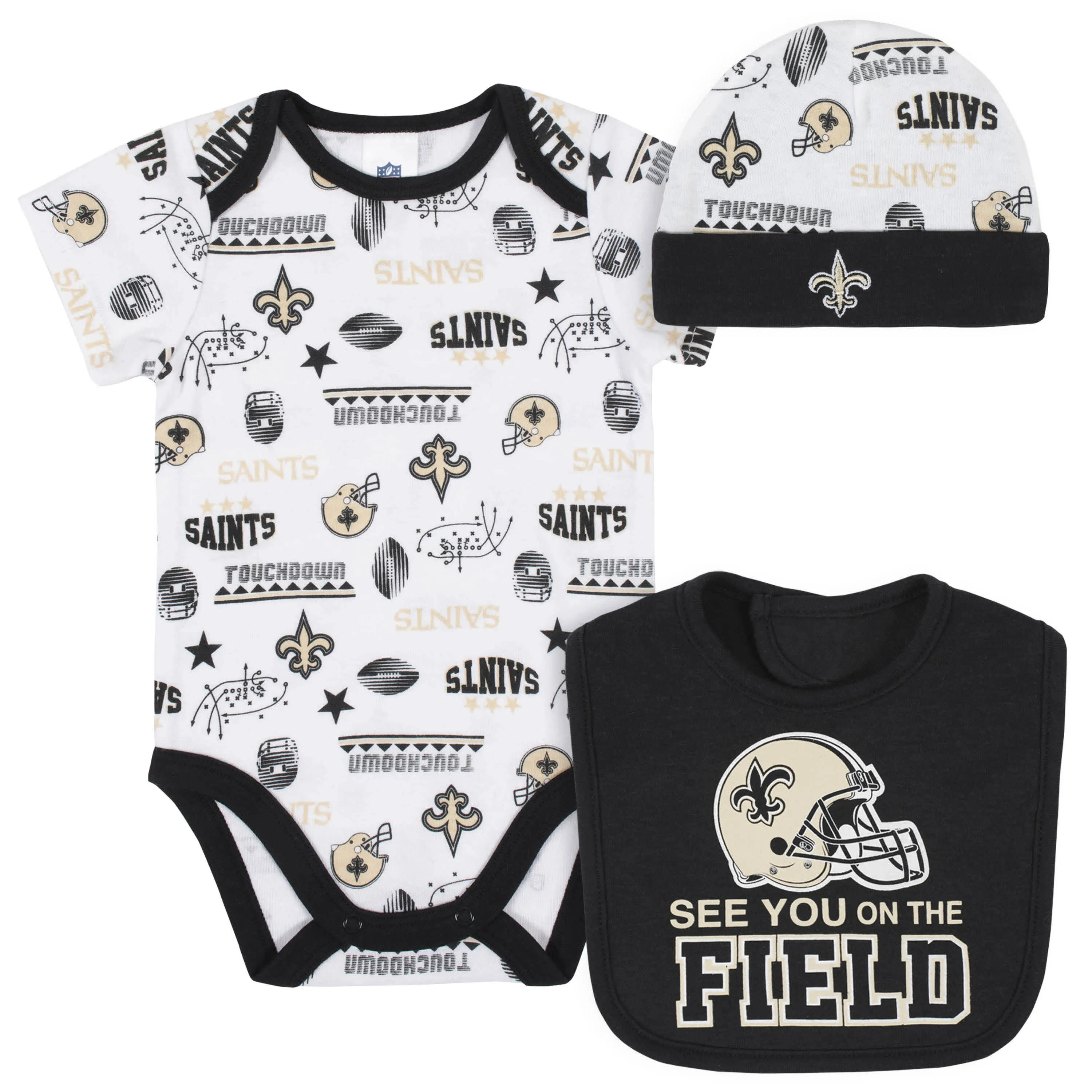 Saints Baby Boys 3-Piece Bodysuit, Bib, and Cap Set