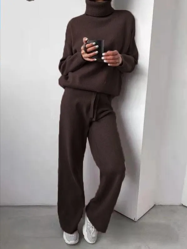 Sets Solid Turtleneck Top & Pants Knitted Two Piece Set for Women