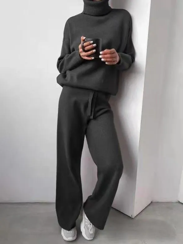 Sets Solid Turtleneck Top & Pants Knitted Two Piece Set for Women