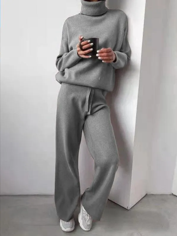 Sets Solid Turtleneck Top & Pants Knitted Two Piece Set for Women