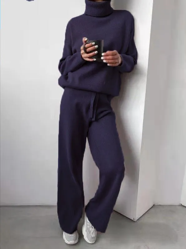 Sets Solid Turtleneck Top & Pants Knitted Two Piece Set for Women