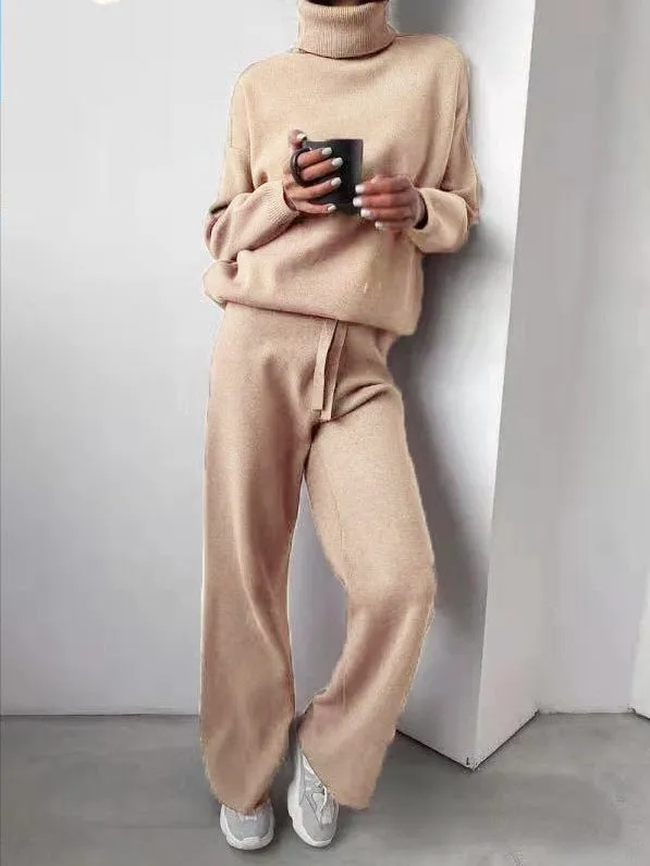 Sets Solid Turtleneck Top & Pants Knitted Two Piece Set for Women