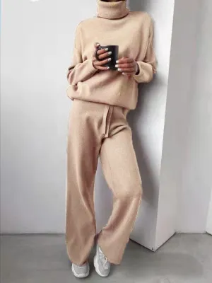 Sets Solid Turtleneck Top & Pants Knitted Two Piece Set for Women