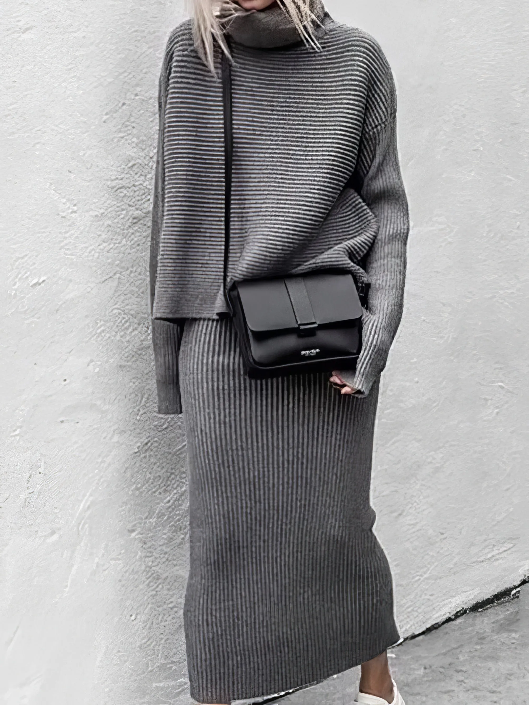 Sets Turtleneck Long Sleeve Sweater & Knitted Skirt Two-Piece Suit for Women