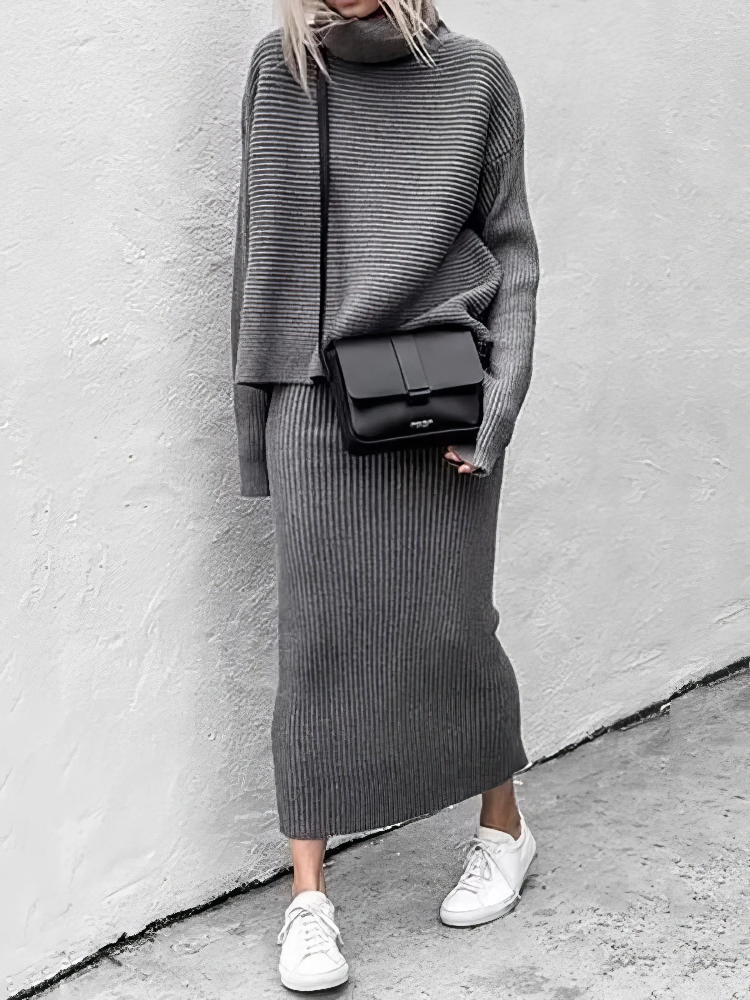 Sets Turtleneck Long Sleeve Sweater & Knitted Skirt Two-Piece Suit for Women
