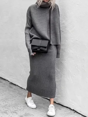 Sets Turtleneck Long Sleeve Sweater & Knitted Skirt Two-Piece Suit for Women