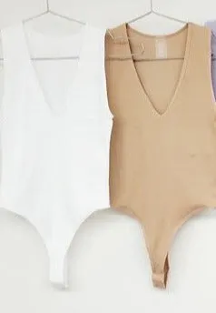 Sleeveless V-Neck Bodysuit- Tan