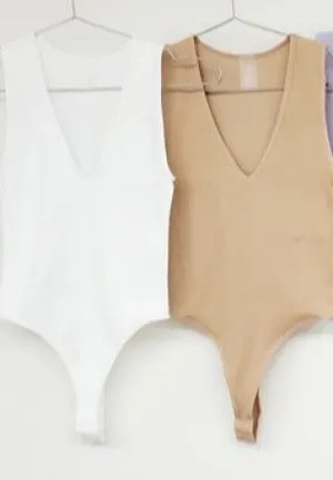 Sleeveless V-Neck Bodysuit- Tan