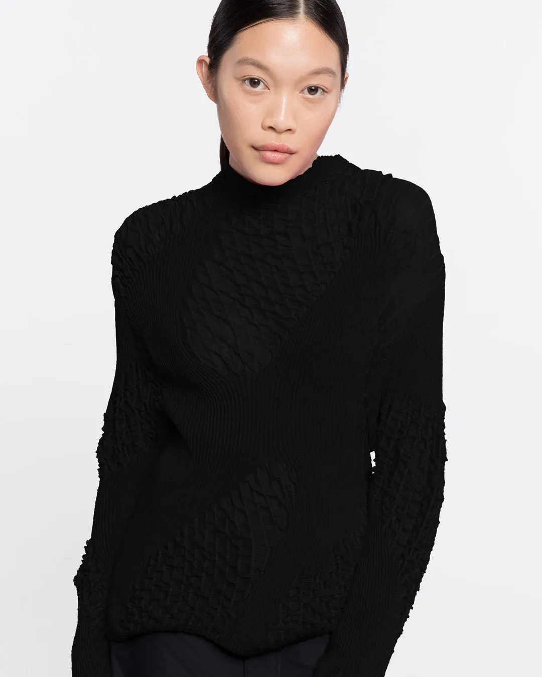 TEXTURED KNIT TURTLENECK TOP - BLACK