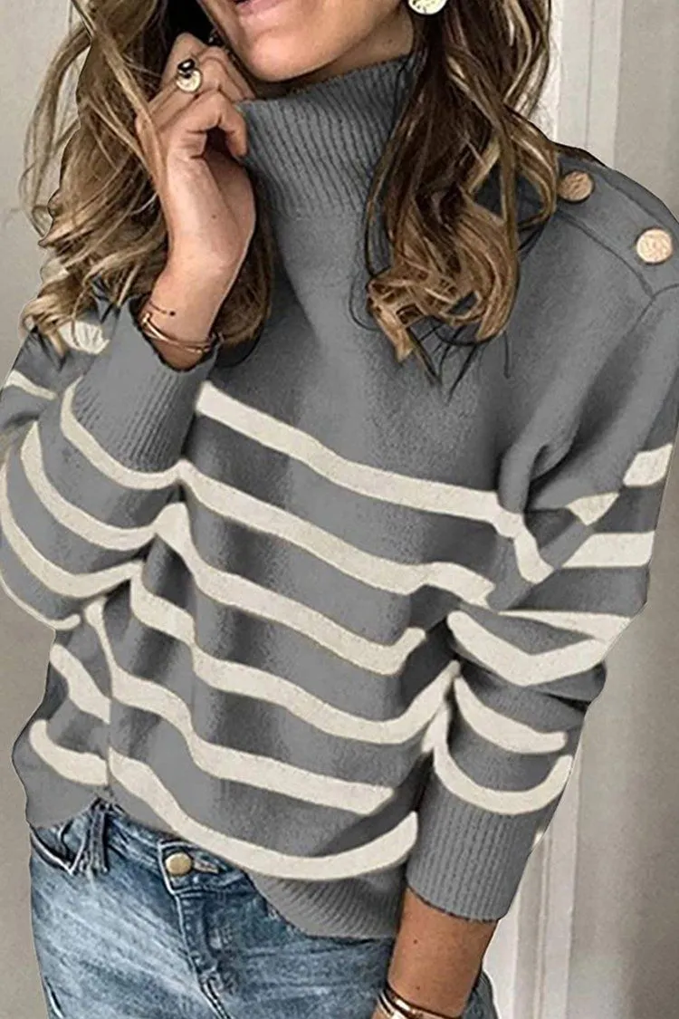 Turtleneck Stripe Button Down Knitted Sweater Pullover