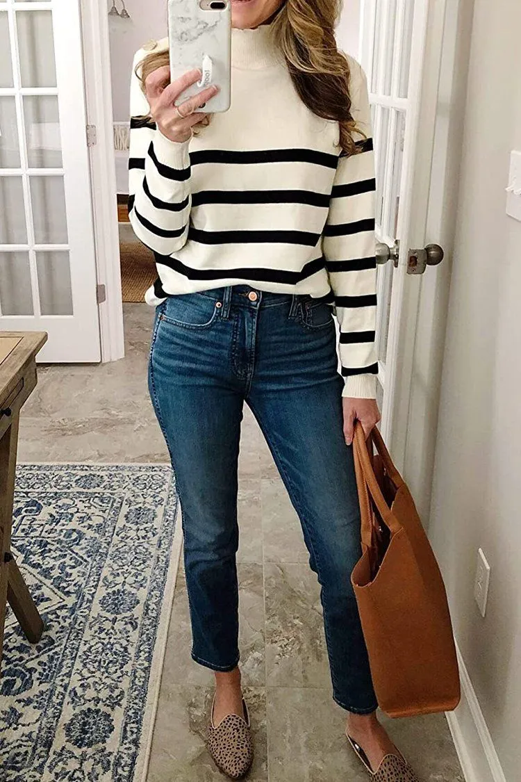Turtleneck Stripe Button Down Knitted Sweater Pullover