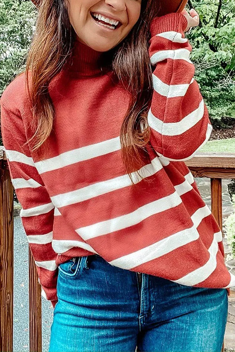 Turtleneck Stripe Button Down Knitted Sweater Pullover