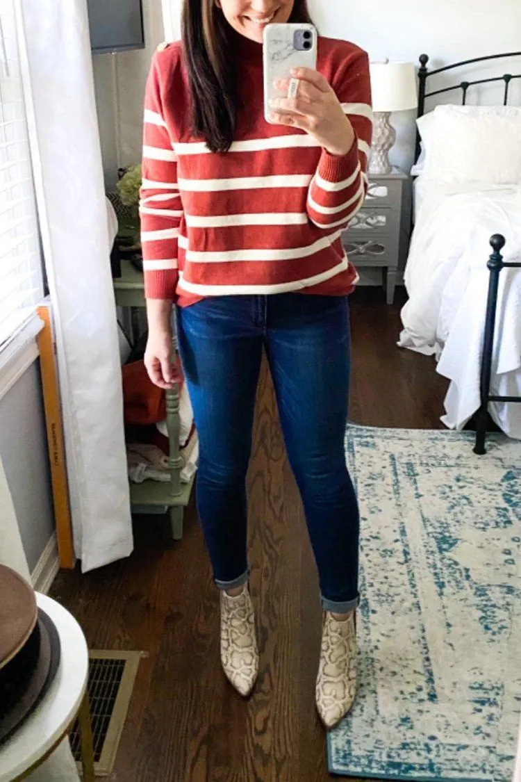 Turtleneck Stripe Button Down Knitted Sweater Pullover
