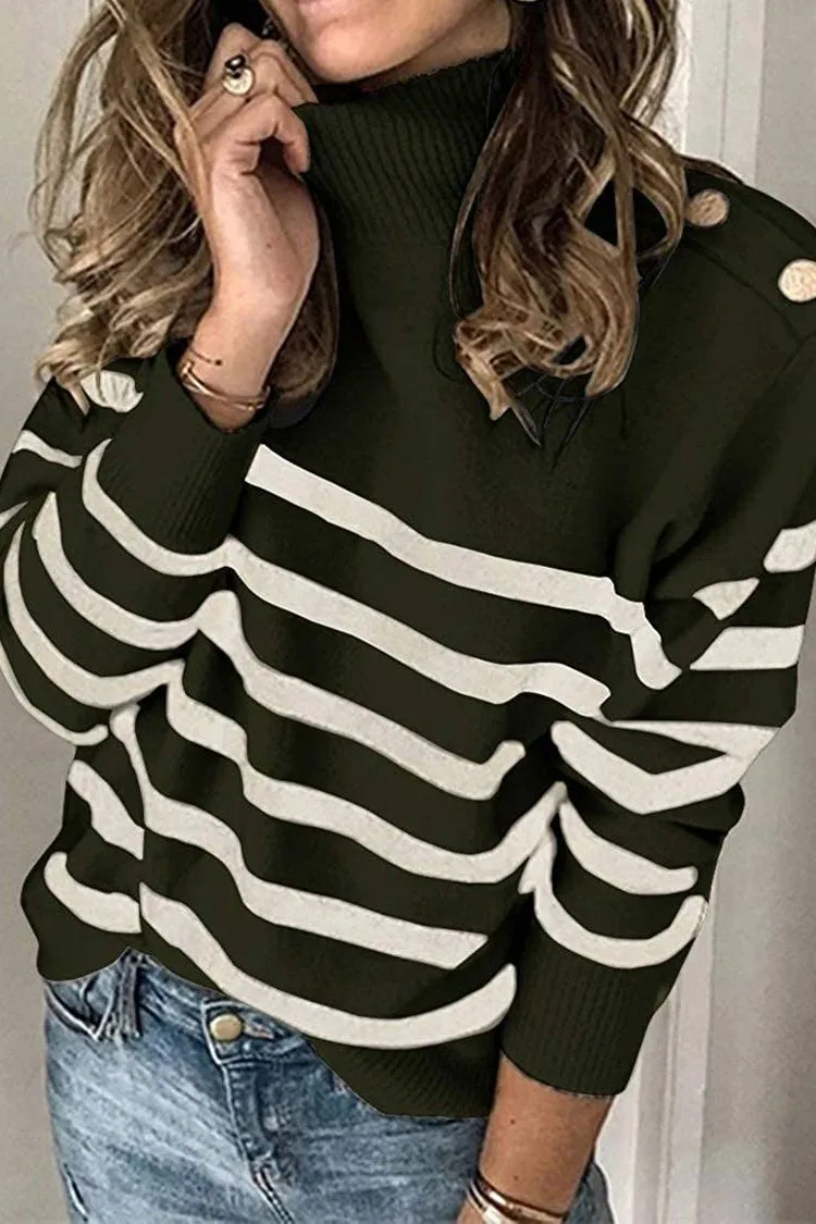 Turtleneck Stripe Button Down Knitted Sweater Pullover