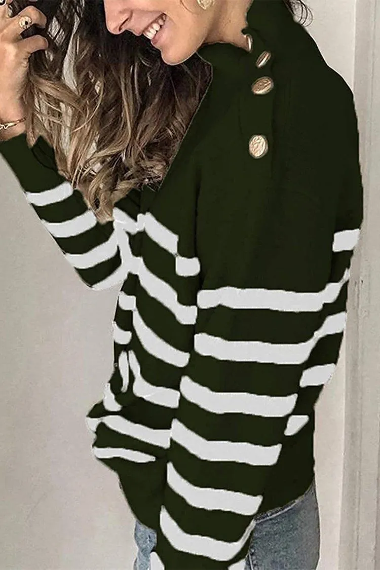 Turtleneck Stripe Button Down Knitted Sweater Pullover