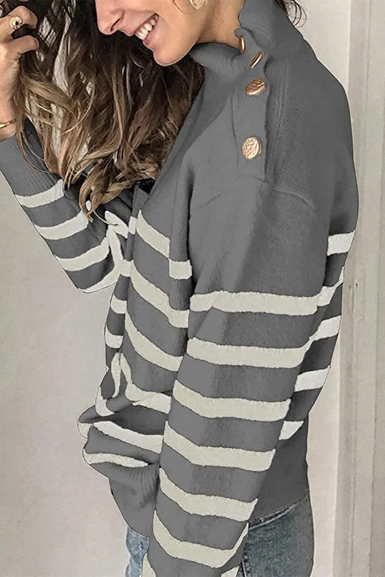 Turtleneck Stripe Button Down Knitted Sweater Pullover