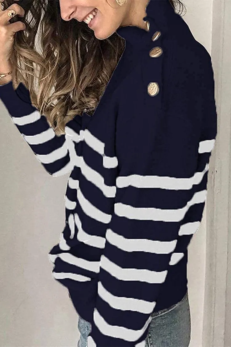 Turtleneck Stripe Button Down Knitted Sweater Pullover