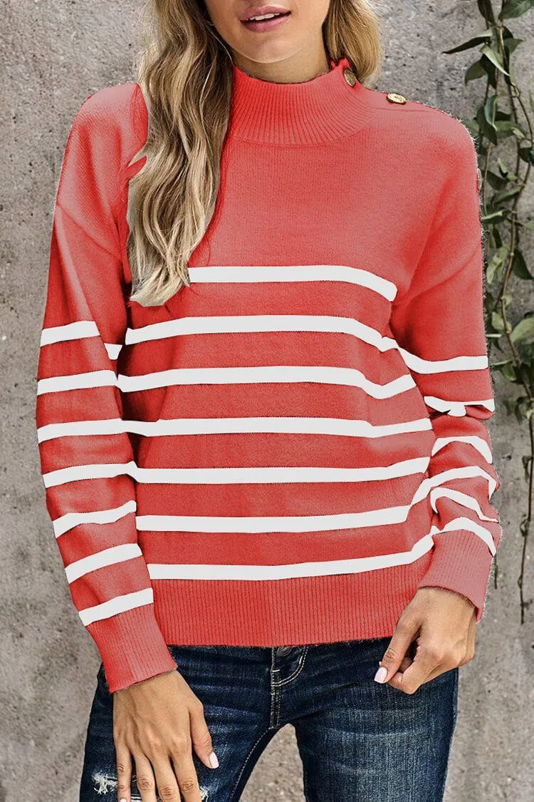 Turtleneck Stripe Button Down Knitted Sweater Pullover