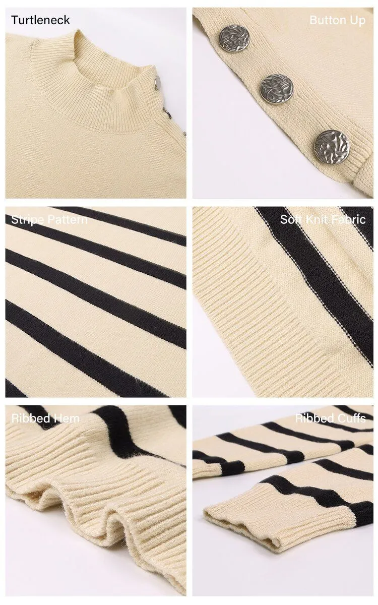 Turtleneck Stripe Button Down Knitted Sweater Pullover