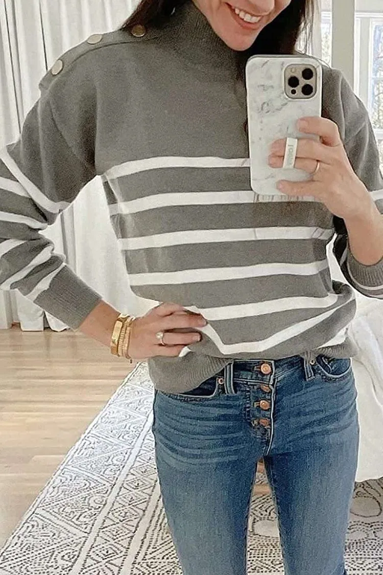 Turtleneck Stripe Button Down Knitted Sweater Pullover