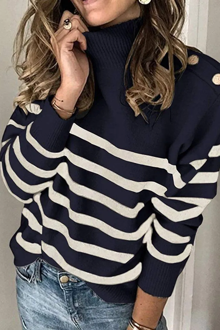 Turtleneck Stripe Button Down Knitted Sweater Pullover