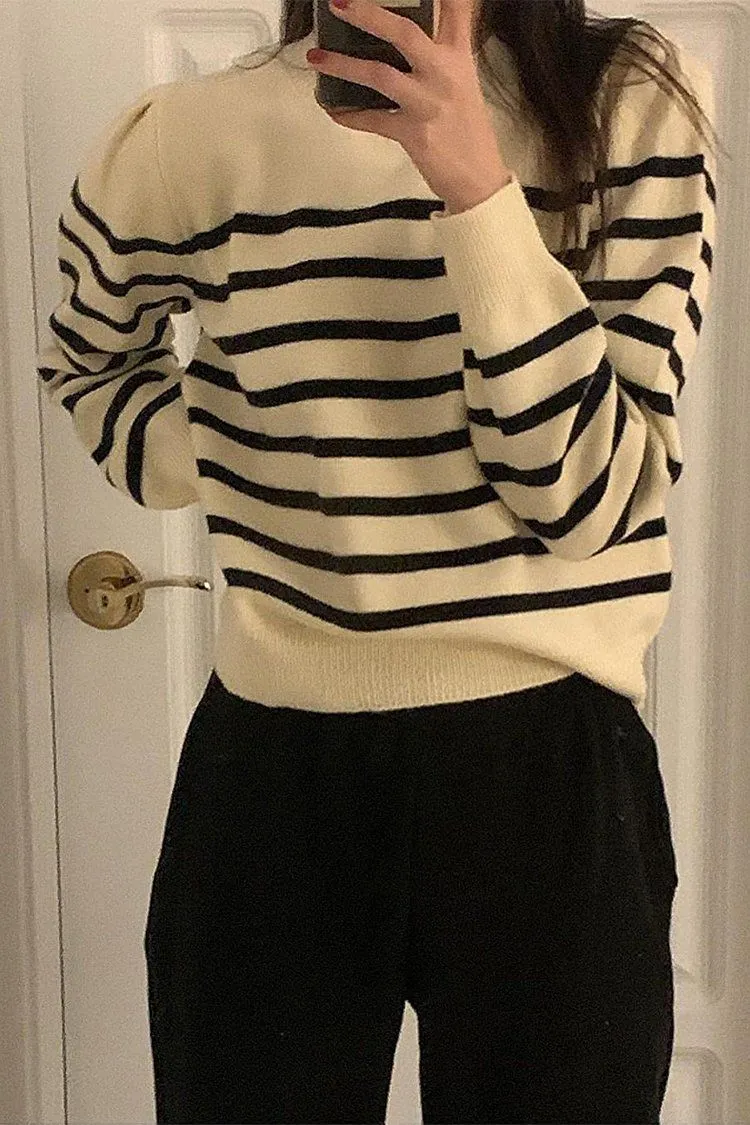 Turtleneck Stripe Button Down Knitted Sweater Pullover