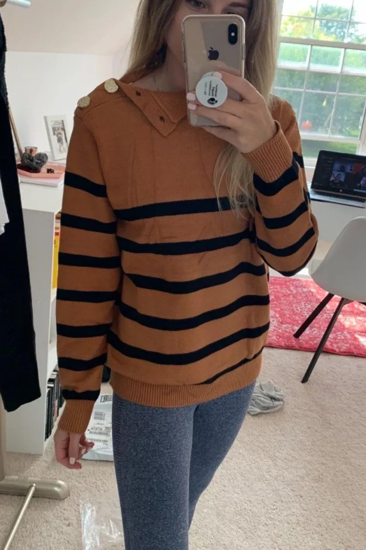 Turtleneck Stripe Button Down Knitted Sweater Pullover