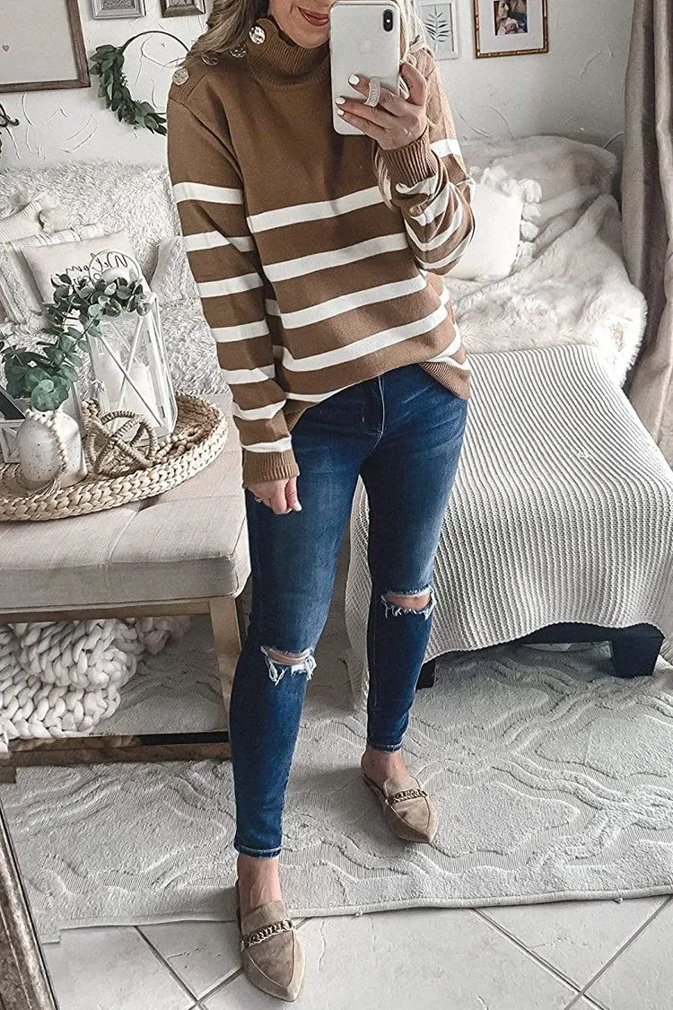 Turtleneck Stripe Button Down Knitted Sweater Pullover