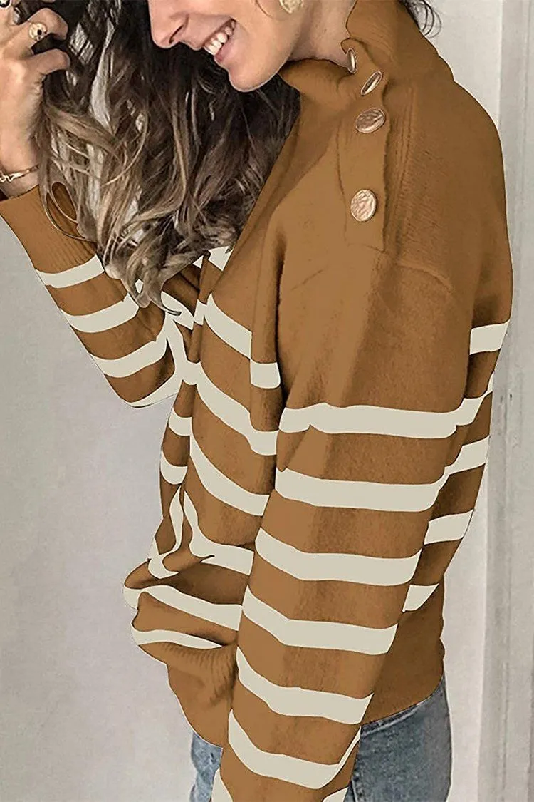 Turtleneck Stripe Button Down Knitted Sweater Pullover