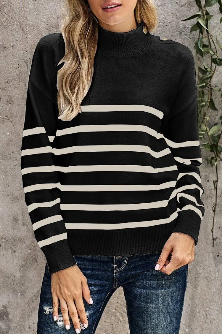 Turtleneck Stripe Button Down Knitted Sweater Pullover