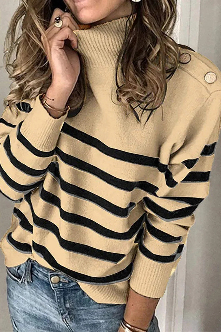 Turtleneck Stripe Button Down Knitted Sweater Pullover