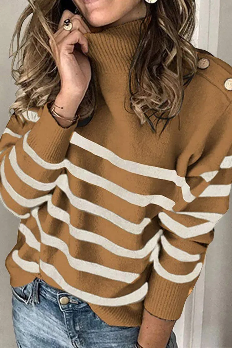 Turtleneck Stripe Button Down Knitted Sweater Pullover