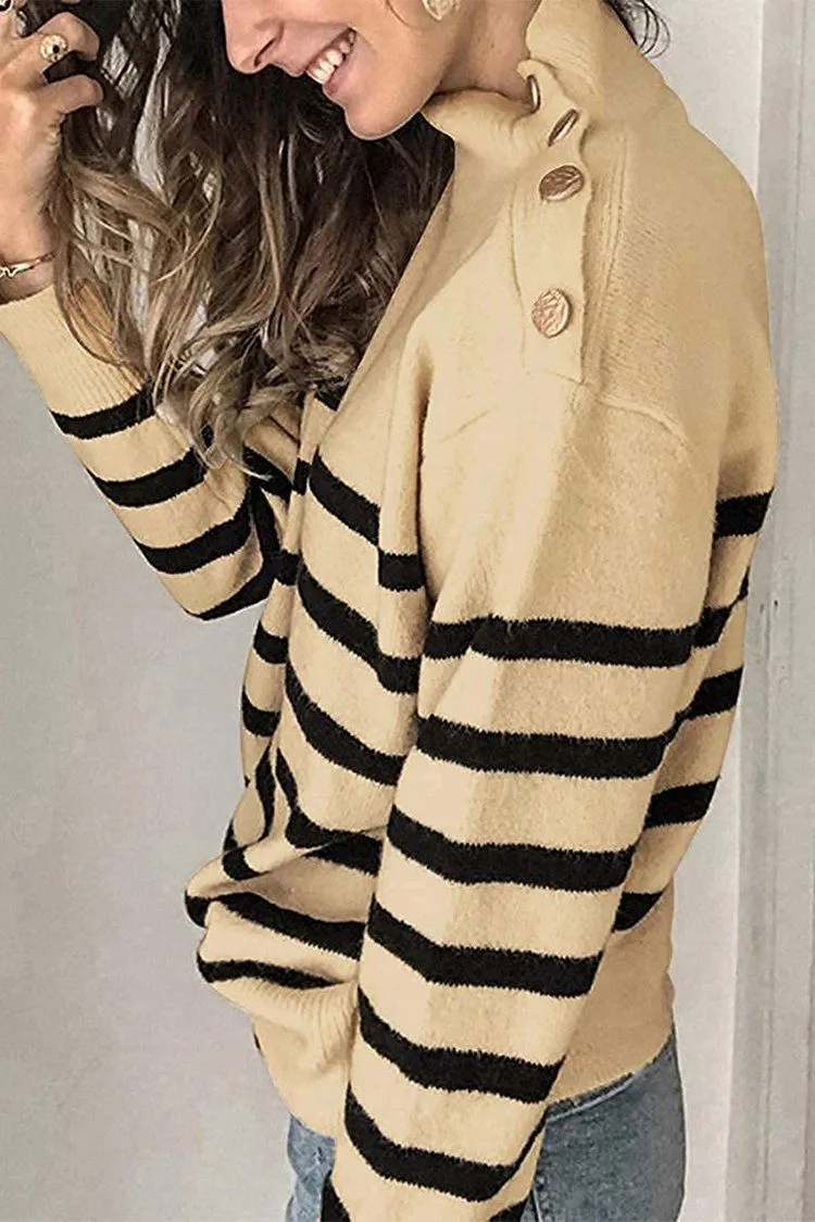 Turtleneck Stripe Button Down Knitted Sweater Pullover