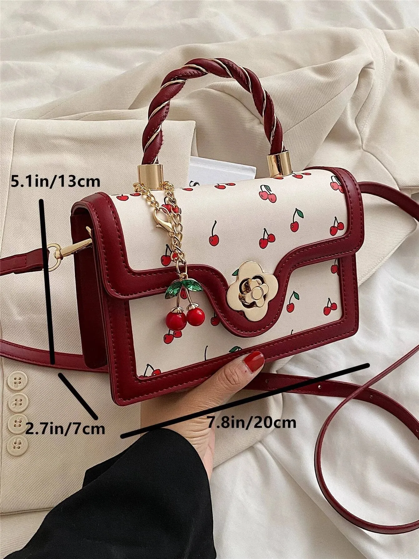 UAKISS  -  Lightweight Business Casual Mini Cherry Graphic Square Bag For Teen Girls Women Fashionable Cute Pu Flap Bag Shoulder Bag