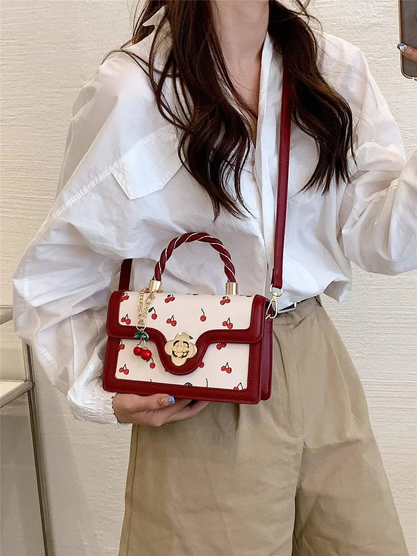 UAKISS  -  Lightweight Business Casual Mini Cherry Graphic Square Bag For Teen Girls Women Fashionable Cute Pu Flap Bag Shoulder Bag