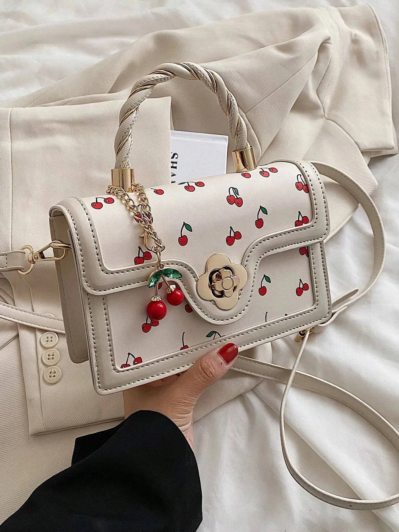 UAKISS  -  Lightweight Business Casual Mini Cherry Graphic Square Bag For Teen Girls Women Fashionable Cute Pu Flap Bag Shoulder Bag