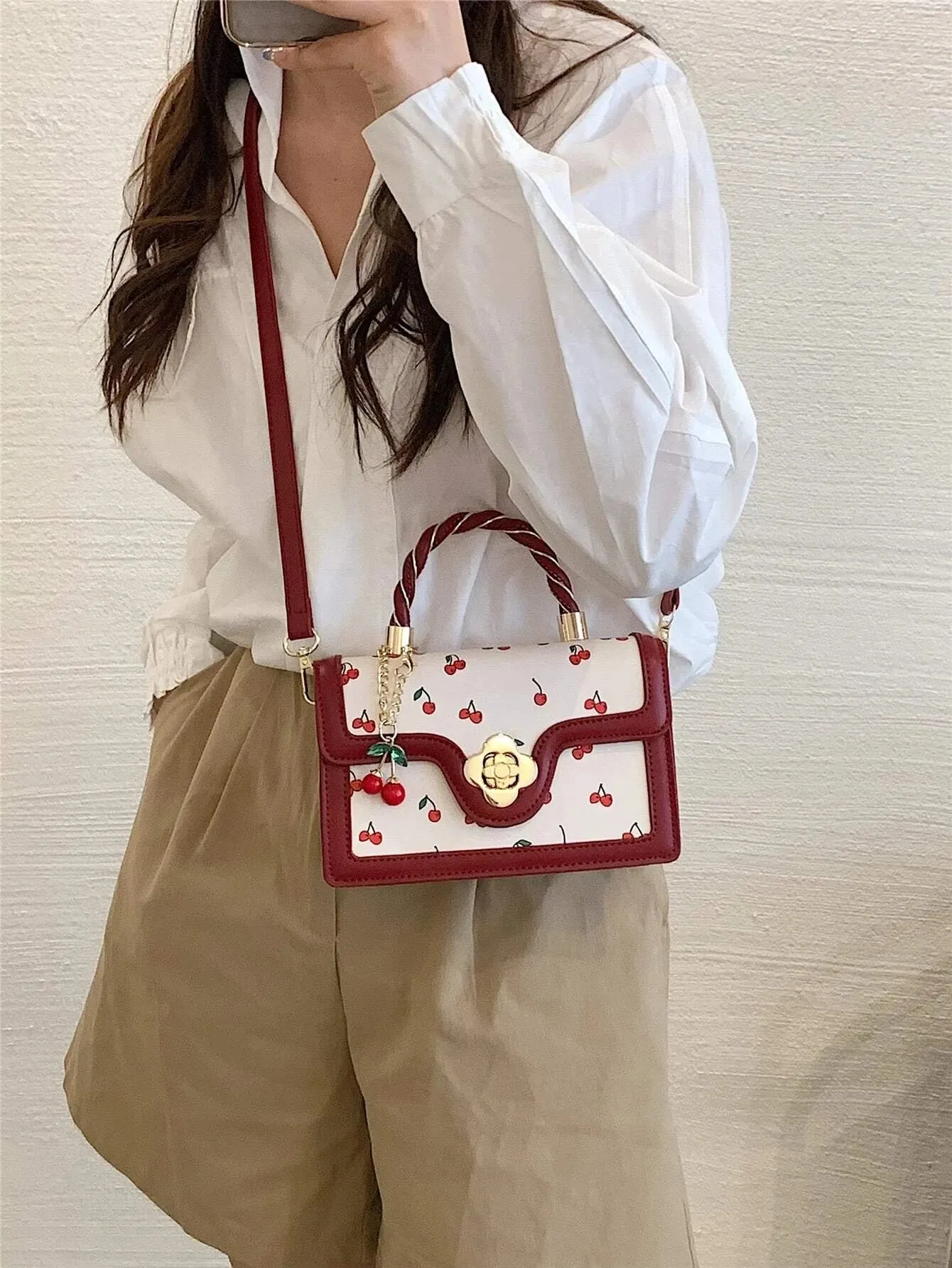 UAKISS  -  Lightweight Business Casual Mini Cherry Graphic Square Bag For Teen Girls Women Fashionable Cute Pu Flap Bag Shoulder Bag