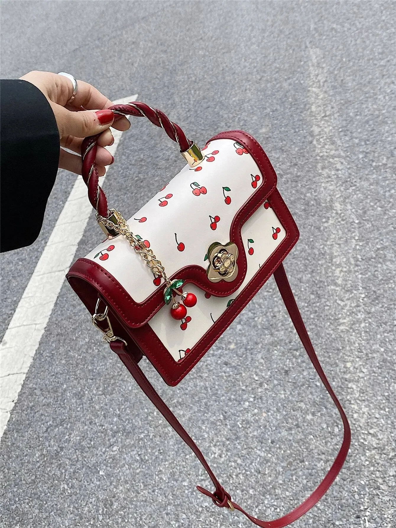 UAKISS  -  Lightweight Business Casual Mini Cherry Graphic Square Bag For Teen Girls Women Fashionable Cute Pu Flap Bag Shoulder Bag
