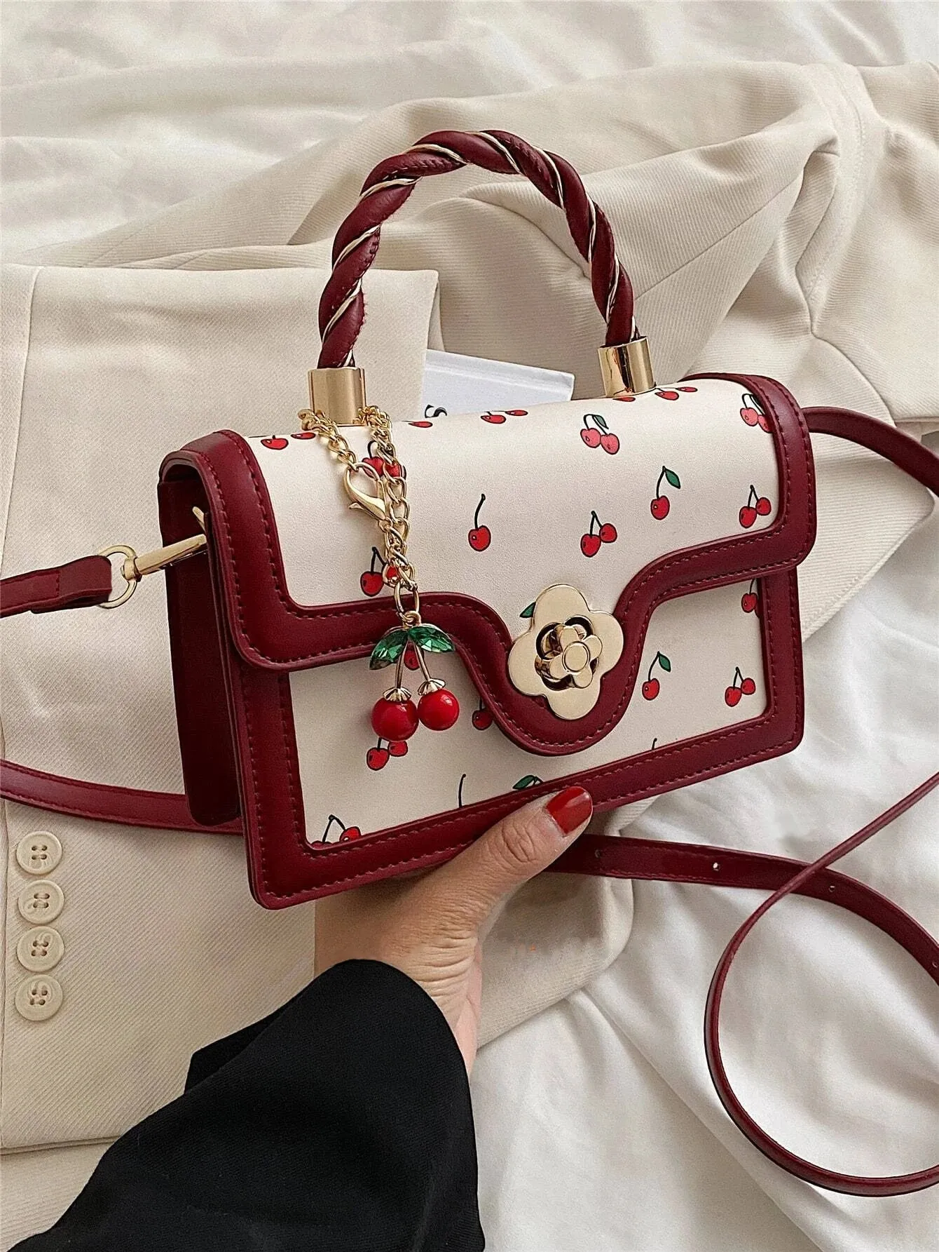 UAKISS  -  Lightweight Business Casual Mini Cherry Graphic Square Bag For Teen Girls Women Fashionable Cute Pu Flap Bag Shoulder Bag