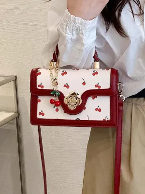 UAKISS  -  Lightweight Business Casual Mini Cherry Graphic Square Bag For Teen Girls Women Fashionable Cute Pu Flap Bag Shoulder Bag